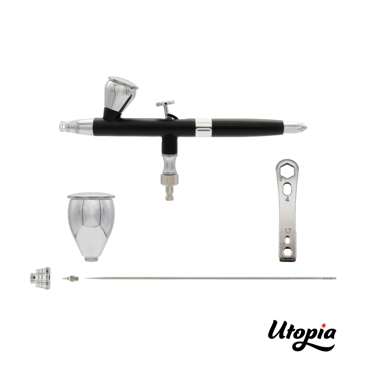 Aérographe Utopia F03 2 Têtes, 2 Godets, Tuyau en coffret bois