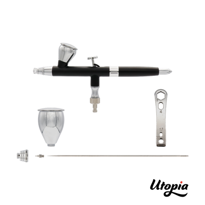 Aérographe Utopia F03 2 Têtes, 2 Godets, Tuyau en coffret bois