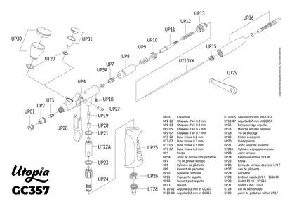 Aérographe Utopia GC357 à gâchette 3 Têtes, 2 Godets et 1 Tuyau tressé en coffret bois